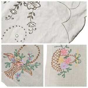 Vintage Hand Embroidered Floral Linen Dresser Scarf Table Cloth Set Of 2 Cutout